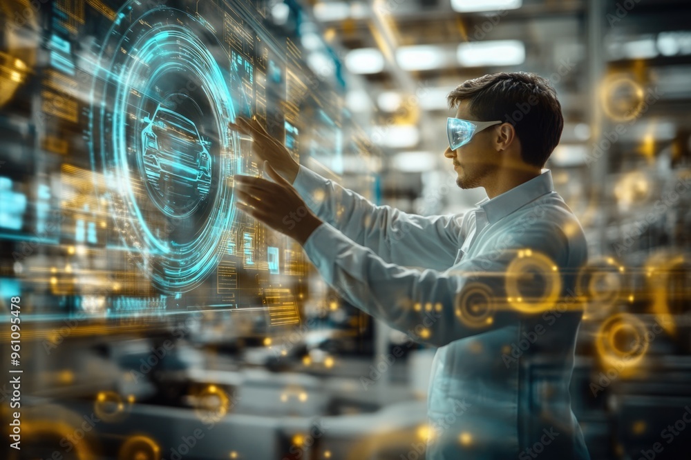 Poster very realistic and photographic photo of an engineer using futuristic holographic technology in a cu
