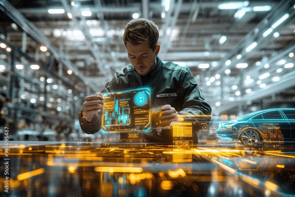 Aufkleber very realistic and photographic photo of an engineer working with high-tech holographic interfaces i