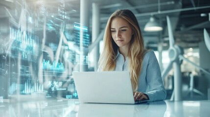 Very realistic and photographic photo of a young professional woman marketer analyzing market trends on a laptop, surrounded by a futuristic holographic display with data on wind turbine innovation.