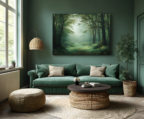 “A Dark Green Sofa with a Dark Emerald Wall and a Forest Painting”
