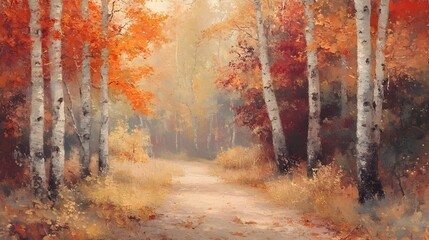 Fototapeta premium Enchanting Autumn Landscape with Vibrant Fall Foliage and Winding Forest Path