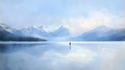 Serene Winter Landscape with Solitary Figure Ice Skating on Frozen Lake