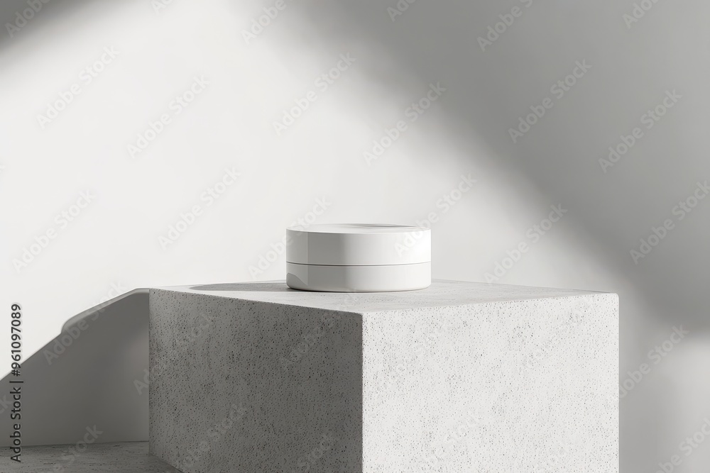 Aufkleber a minimalist design featuring a round white container on a textured surface.
