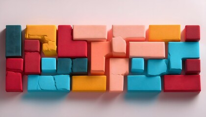 3D render of colorful plasticine blocks on a white background.
