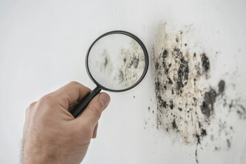 The mold on the wall is being removed by a professional holding a magnifying glass to examine the mold. Generative AI