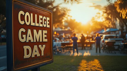 Sign that reads “COLLEGE GAME DAY” - Just before sundown - golden hour - tailgating - tailgate - fans - spirits - hype - football - college -fall 