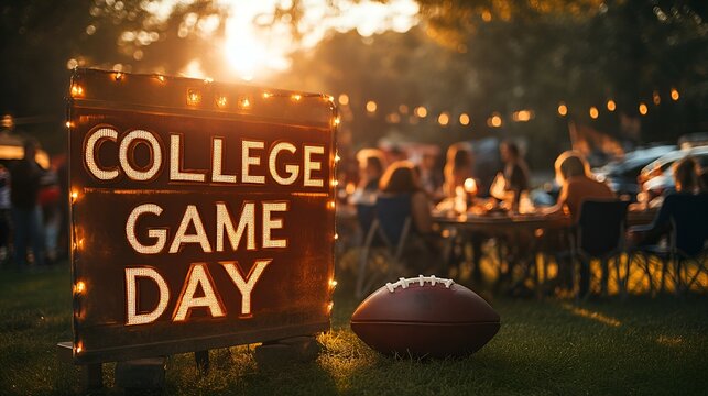 Sign that reads &ldquo;COLLEGE GAME DAY&rdquo; - Just before sundown - golden hour - tailgating - tailgate - fans - spirits - hype - football - college -fall 