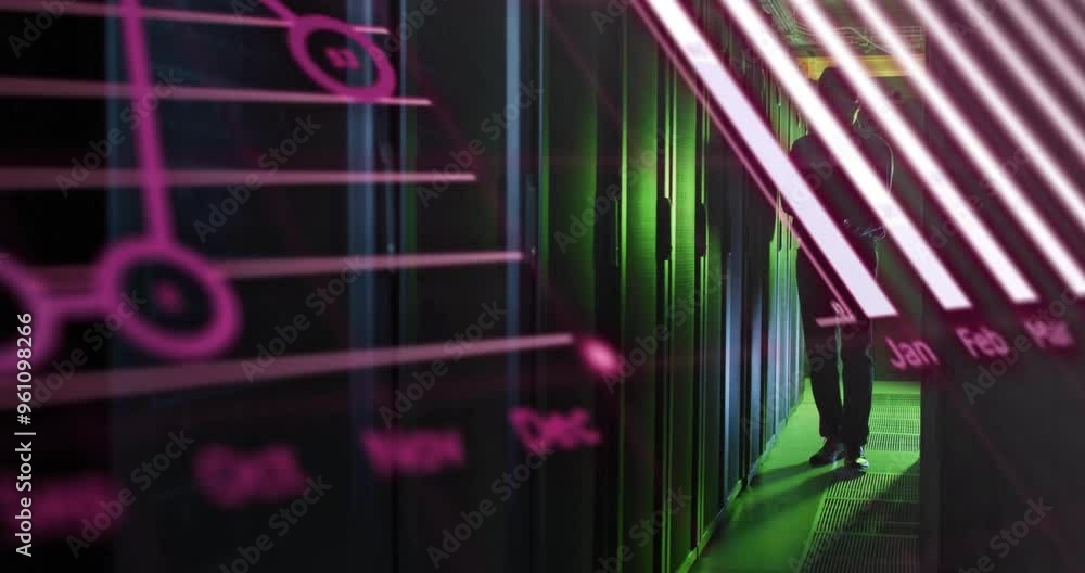 Poster data processing animation over server racks in dimly lit data center