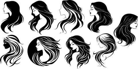 collection of silhouette designs of young women's faces with long hair styles