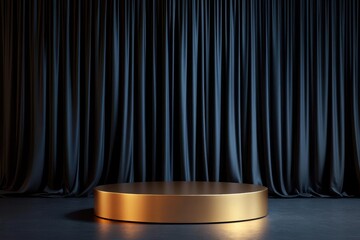 A minimalist stage with a gold circular platform against dark draped curtains.