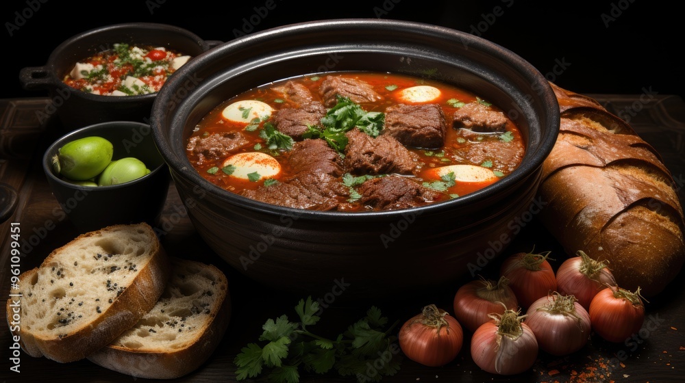 Wall mural flat lay delicious goulash and bread on table