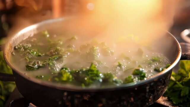 Fresh kale simmering on stovetop releases steam, adding nutrients and flavor to homemade meal. A staple in vegetarian diets, it provides vitamins and antioxidants for a healthy lifestyle