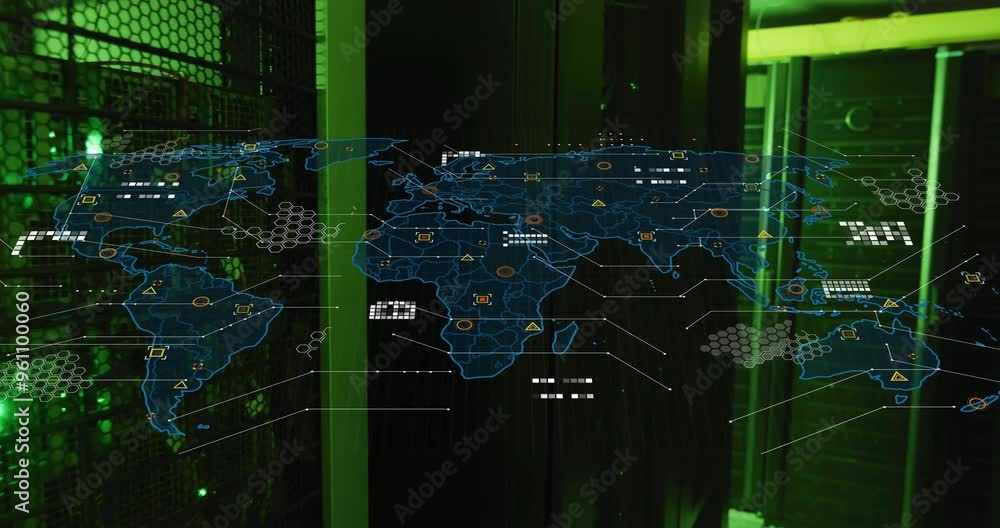Poster world map with data points and network connections animation over server room