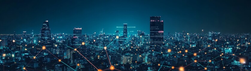 Naklejka premium Night Cityscape with Futuristic Network Connection Lights