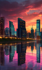 Fototapeta premium An urban skyline at dusk with illuminated skyscrapers, city lights reflecting on the river, and a vibrant mix of colors in the sky. Ideal for showcasing modern cityscapes, nightlife, and architectural