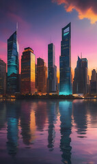 Obraz premium An urban skyline at dusk with illuminated skyscrapers, city lights reflecting on the river, and a vibrant mix of colors in the sky. Ideal for showcasing modern cityscapes, nightlife, and architectural