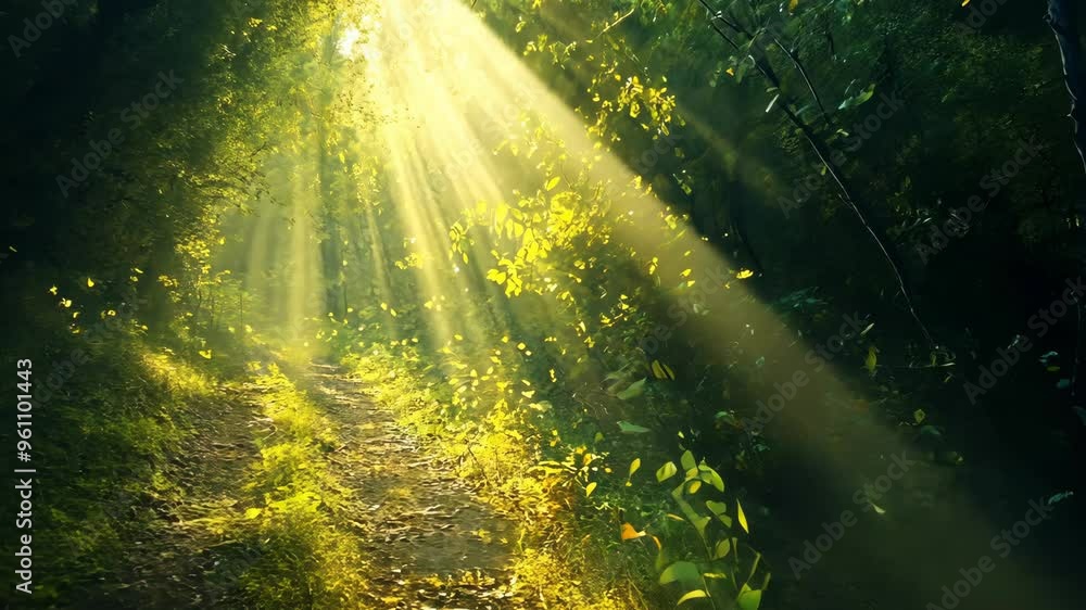 Aufkleber sunlight filtering through trees on a tranquil forest path during early morning hours