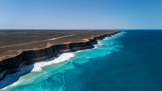 Aerial drone view over The Bight in South Australia along the infamous Nullarbor 