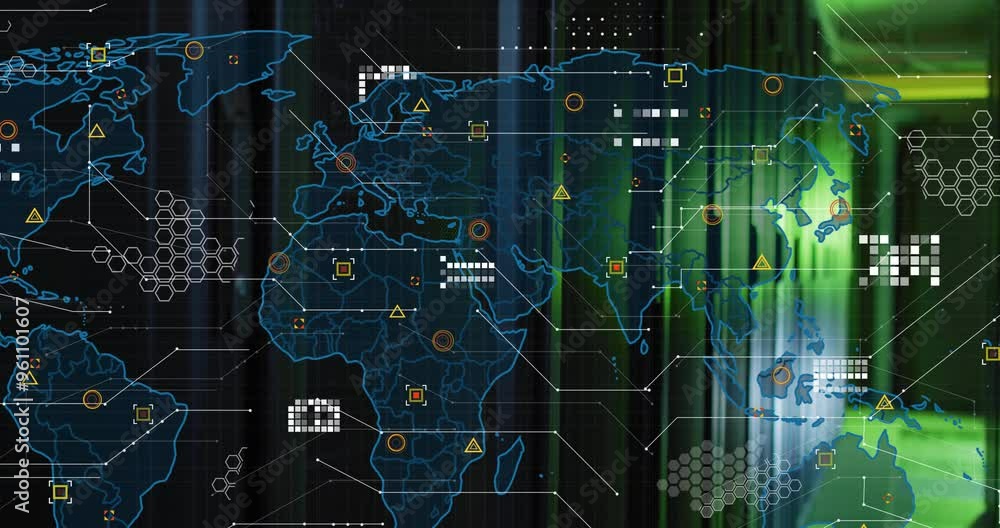 Poster world map with data points and network connections animation over green-lit server room