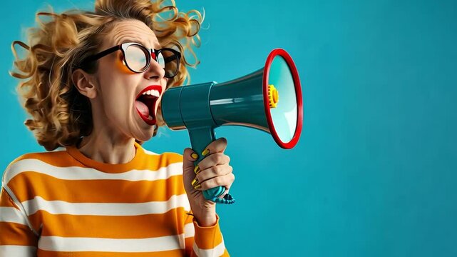 A lively vintage-style image of a woman in stripes shouting into a turquoise megaphone crazy promotions,