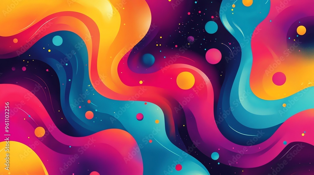 Poster abstract colorful background with swirling shapes and dots.