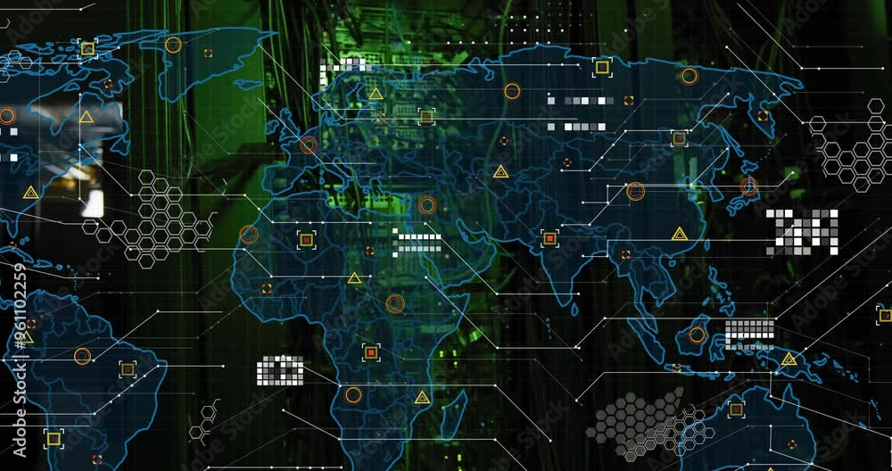 Poster world map with data points and network connections animation over server room