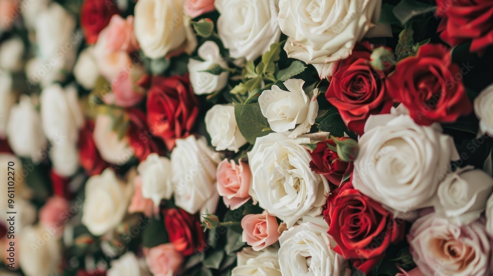 Sticker Close-up photo of stunning floral backdrop with red and white roses.