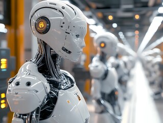 Fototapeta premium Streamlined Robotic Automation Inspecting Intricate Machinery in Futuristic Production Line