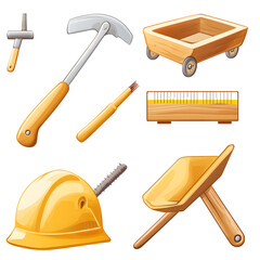 Cartoon set of construction tools and equipment including hammer, wheelbarrow, and hard hat in a hand-drawn style