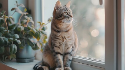 Obraz premium Tabby Cat Looking Out Window