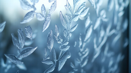 Frosty Winter Snowflakes on Windowpane with Soft Sunset Light in the Background Capturing the Serenity and Beauty of the Cold Season