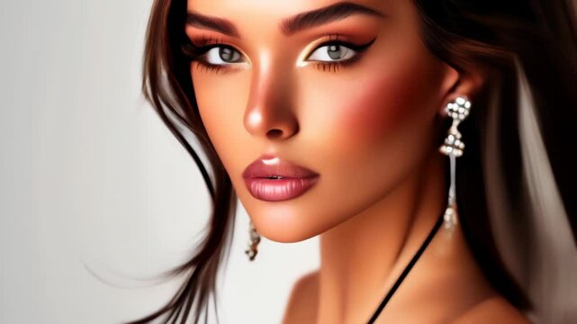 Stunning makeup transformation featuring elegant highlights and bold eyeliner in a modern studio setting
