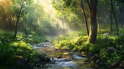 Fototapeta premium Serene Forest Stream with Sunlight Breaking Through the Canopy