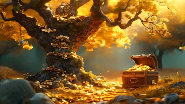 Discovering hidden treasure beneath a majestic golden tree in an enchanted autumn forest