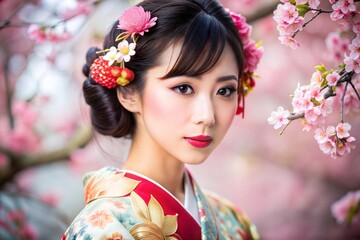 Japanese woman in traditional kimono with cherry blossoms in garden