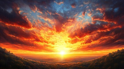 Fototapeta premium Fiery Sunset Over a Distant Horizon