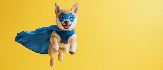 Superhero Shiba Inu. Flying Puppy in Blue Cloak and Mask