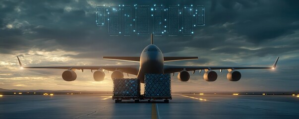 Cargo plane being loaded at a remote airstrip, data encryption graphics hovering above, illustrating secure transportation in challenging locations