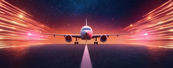 Cargo plane on a runway at night, surrounded by neonlit data streams representing digital logistics and cybersecurity in global trade