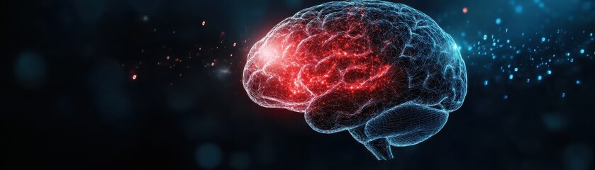 Futuristic Digital Brain with Neural Network Connections and Glowing Red Highlights on Dark Background