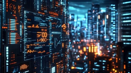 Obraz premium Strategic Business Analysis in Cyberpunk Inspired 3D Digital Cityscape