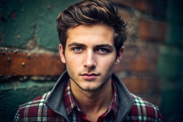 Fototapeta premium Serious portrait of young man in plaid shirt