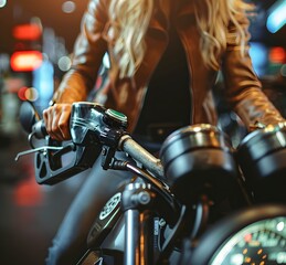 Woman Handle the fuel nozzle for refueling. Vehicle refueling activity High quality photo