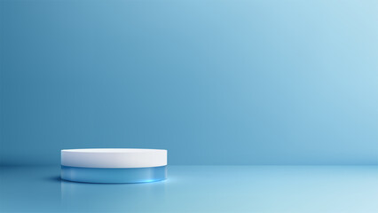 Sleek 3D Podium with White Top and Blue Base on Reflective Surface, Elegant Mockup and Product Display, Stylish and Modern Design for Showrooms