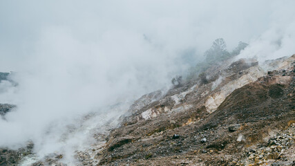 Smoky landscape of an active volcano