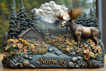 Obraz premium Colorful souvenir plaque depicting traditional norwegian landscape with moose standing near log cabin, lake and mountains