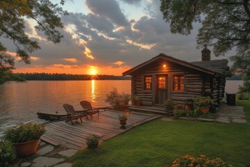Tranquil log cabin overlooking lake at sunset with dramatic sky