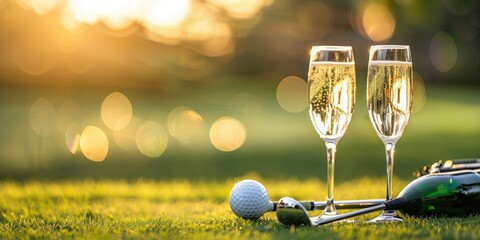 Champagne glasses resting on the ground alongside out-of-focus golf clubs on vibrant green grass, reflecting the conclusion of a triumphant day on the links.