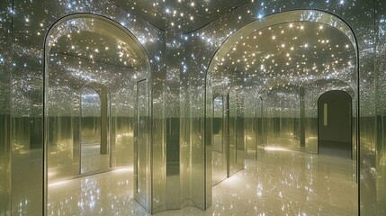 Experience the Cosmic Reflection: A Mind-Bending Mirror Maze Bathroom Poster for Unique Sports Interior Décor!