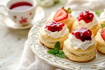 A plate of scones topped with cream, strawberries, and jelly, served with tea.